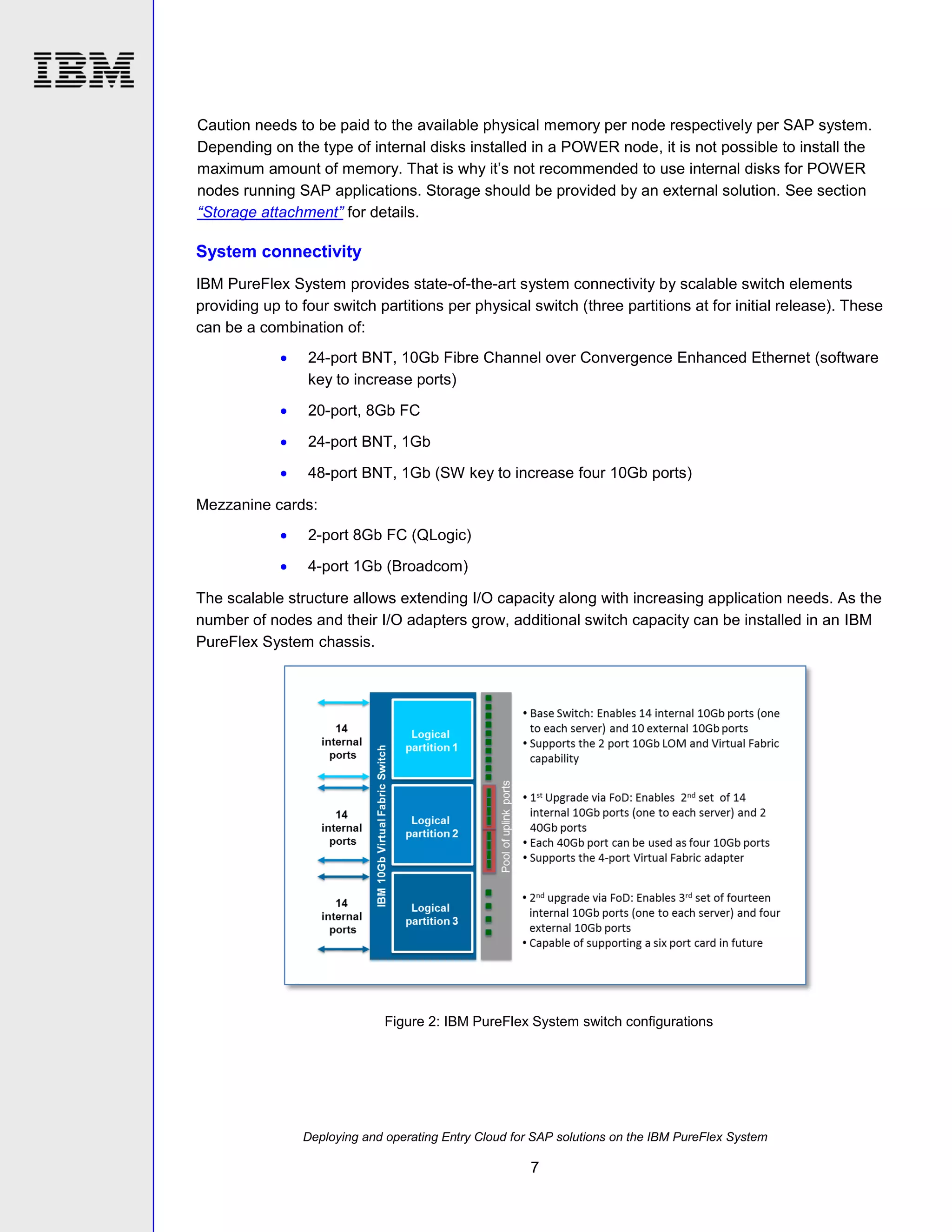 Caution needs to be paid to the available physical memory per node respectively per SAP system.
Depending on the type of internal disks installed in a POWER node, it is not possible to install the
maximum amount of memory. That is why it’s not recommended to use internal disks for POWER
nodes running SAP applications. Storage should be provided by an external solution. See section
“Storage attachment” for details.

System connectivity
IBM PureFlex System provides state-of-the-art system connectivity by scalable switch elements
providing up to four switch partitions per physical switch (three partitions at for initial release). These
can be a combination of:


24-port BNT, 10Gb Fibre Channel over Convergence Enhanced Ethernet (software
key to increase ports)



20-port, 8Gb FC



24-port BNT, 1Gb



48-port BNT, 1Gb (SW key to increase four 10Gb ports)

Mezzanine cards:


2-port 8Gb FC (QLogic)



4-port 1Gb (Broadcom)

The scalable structure allows extending I/O capacity along with increasing application needs. As the
number of nodes and their I/O adapters grow, additional switch capacity can be installed in an IBM
PureFlex System chassis.

Figure 2: IBM PureFlex System switch configurations

Deploying and operating Entry Cloud for SAP solutions on the IBM PureFlex System

7

 