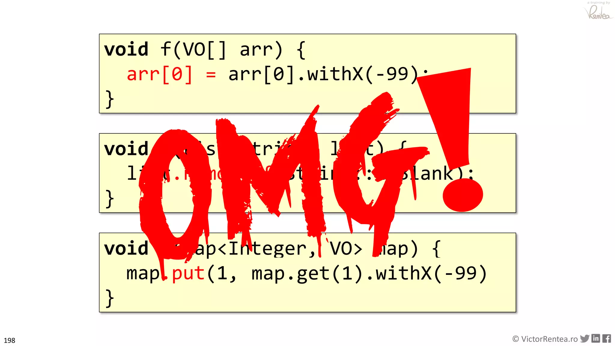 198 © VictorRentea.ro
a training by
void f(VO[] arr) {
arr[0] = arr[0].withX(-99);
}
void f(List<String> list) {
list.removeIf(String::isBlank);
}
void f(Map<Integer, VO> map) {
map.put(1, map.get(1).withX(-99));
}
map.get(1).withX(-99)
 