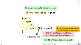168 © VictorRentea.ro
a training by
throw new E(); is pure
f(x) {
try {
//
}
}
catch (E) is pure?
if it always throws for the same inputs
it depends ...
* Some slightly disagree
on E
NO, if E can happen randomly
eg. IOException, OutOfMemory
YES, if E is thrown deterministically*
➔ Catch unexpected exceptions
in the outskirts of your code
 
