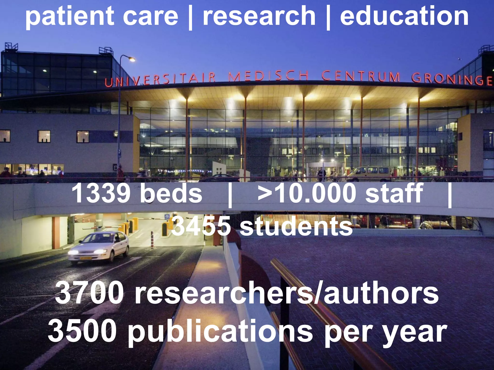 patient care | research | education
1339 beds | >10.000 staff |
3455 students
3700 researchers/authors
3500 publications per year
 