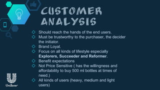 ◇ Should reach the hands of the end users.
◇ Must be trustworthy to the purchaser, the decider
the initiator.
◇ Brand Loyal.
◇ Focus on all kinds of lifestyle especially
Explorers, Succeeder and Reformer.
◇ Benefit expectations
◇ Not Price Sensitive ( has the willingness and
affordability to buy 500 ml bottles at times of
need.)
◇ All kinds of users (heavy, medium and light
users)
 