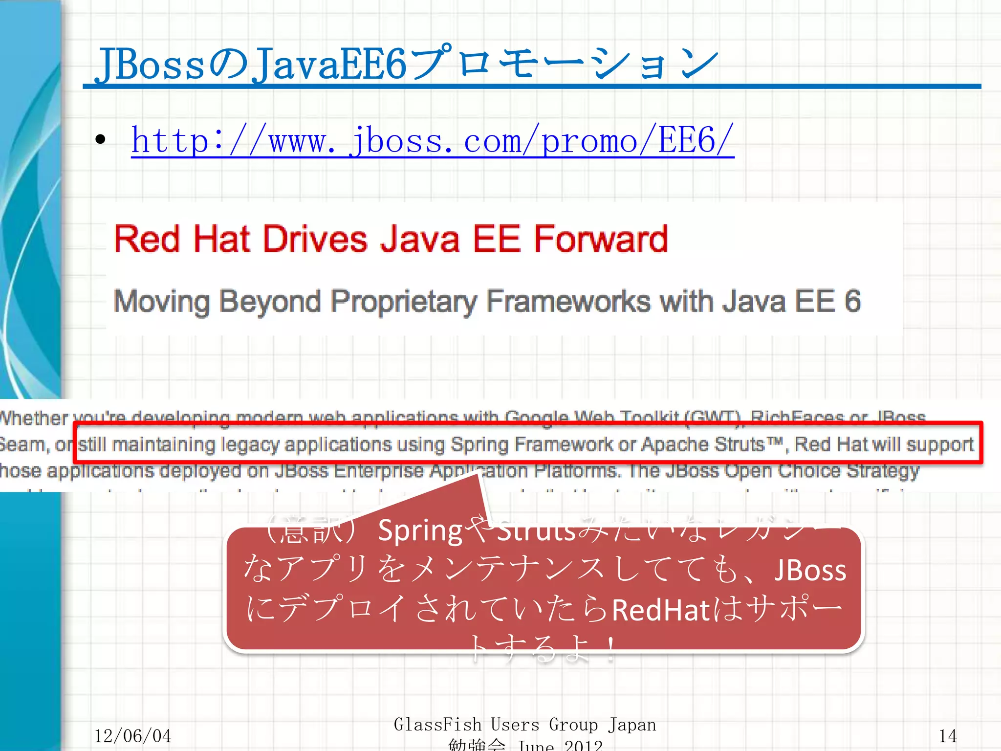 JBossのJavaEE6プロモーション
• http://www.jboss.com/promo/EE6/




           （意訳）SpringやStrutsみたいなレガシー
           なアプリをメンテナンスしてても、JBoss
           にデプロイされていたらRedHatはサポー
                     トするよ！

                 GlassFish Users Group Japan
12/06/04                                       14
 