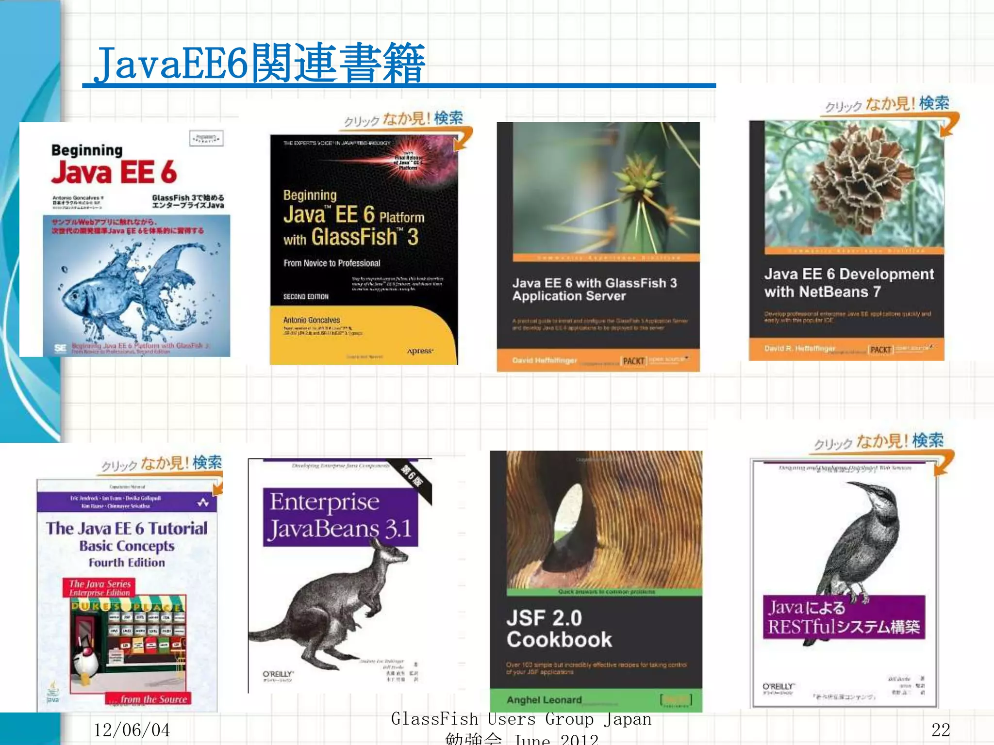 JavaEE6関連書籍




           GlassFish Users Group Japan
12/06/04                                 22
 