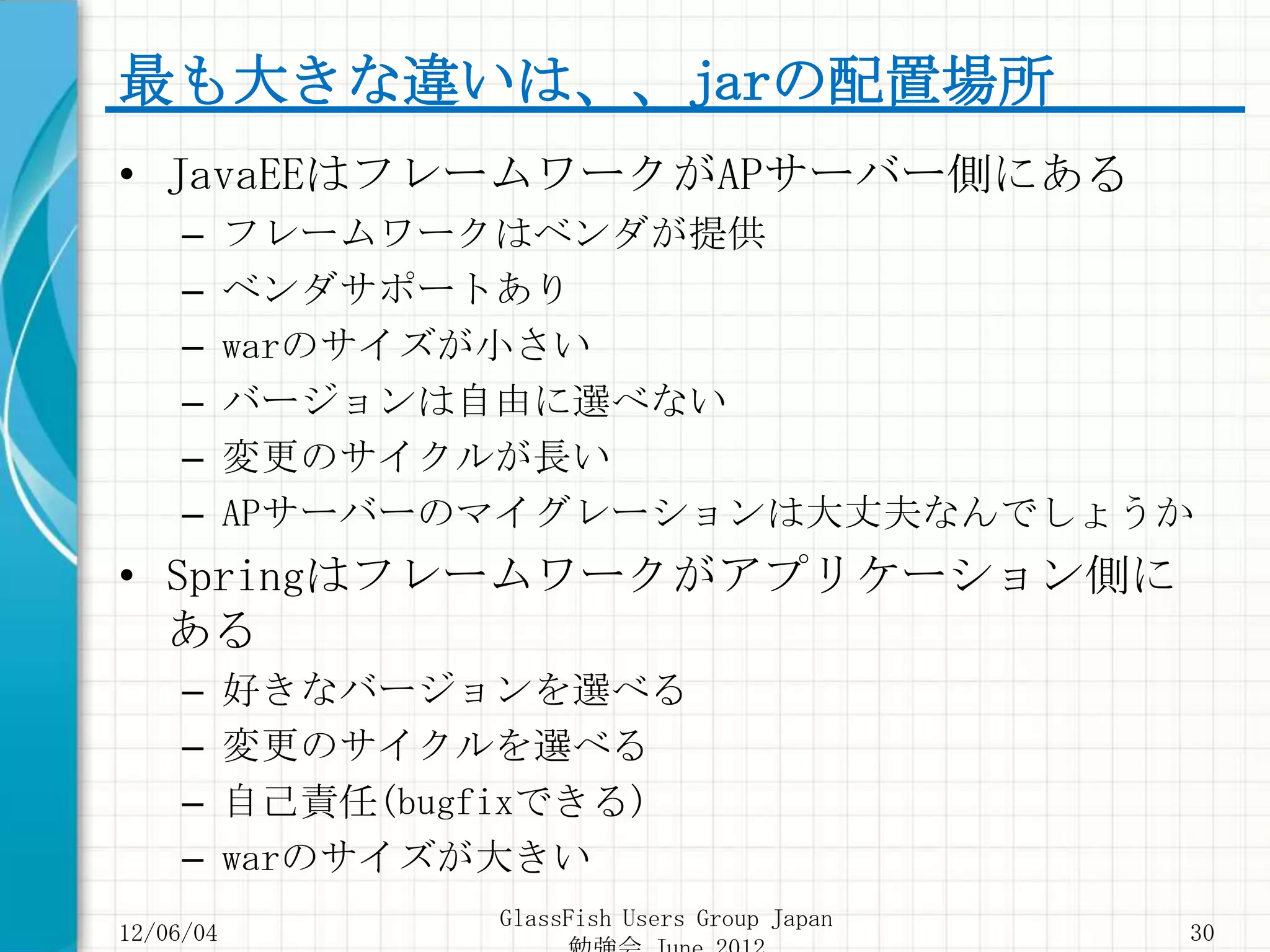 最も大きな違いは、、jarの配置場所
• JavaEEはフレームワークがAPサーバー側にある
     –     フレームワークはベンダが提供
     –     ベンダサポートあり
     –     warのサイズが小さい
     –     バージョンは自由に選べない
     –     変更のサイクルが長い
     –     APサーバーのマイグレーションは大丈夫なんでしょうか
• Springはフレームワークがアプリケーション側に
  ある
     –     好きなバージョンを選べる
     –     変更のサイクルを選べる
     –     自己責任(bugfixできる)
     –     warのサイズが大きい
                   GlassFish Users Group Japan
12/06/04                                         30
 
