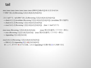 tail
snoc (snoc (snoc (snoc (snoc (snoc (snoc (HM 0 [] Idle 0 []) 0) 1) 2) 3) 4) 5) 6
⇒ HM 7 [0,1,2] (Reversing 2 [2] [1,0] [4,3] [5,6]) 0 []
これにtailする: tail (HM 7 [0,1,2] (Reversing 2 [2] [1,0] [4,3] [5,6]) 0 [])
→ check 6 [1,2] (invalidate (Reversing 2 [2] [1,0] [4,3] [5,6]) 0 []) (invalidate 第１式適用)
→ check (6 [1,2] Reversing 1 [2] [1,0] [4,3] [5,6] 0 [])
→ exec2 (6 [1,2] Reversing 1 [2] [1,0] [4,3] [5,6] 0 []) (lenr <= lenf なので)
exec (exec (Reversing 1 [2] [1,0] [4,3] [5,6]))
(exec 第1式を適用して下の行へ移る )
→ exec (Reversing 2 [] [2,1,0] [3] [4,5,6]) (exec 第2式を適用して下の行へ移る )
→ Appending 2 [2,1,0] [3,4,5,6]
exec2 (6 [1,2] Reversing 1 [2] [1,0] [4,3] [5,6] 0 [])
→ HM 6 [1,2] (Appending 2 [2,1,0] [3,4,5,6]) 0 []
　※ ここで、fの中の 0 は不正な値。これは Appendingの右隣の数 2 から判断できる

 