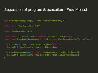 Separation of program & execution - Free Monad
val dbSession = new DBSession()
UserRepository.resolveByName("John Doe")
.f...
