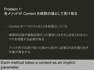 Problem 1:
各メソッドが Context を暗黙の値として受け取る
- Context を一つだけとることを前提としている
- 暗黙的な値が複数必要だった場合にはそれらをまとめるコン
テナを用意する必要がある
- メソッド内では受け取った値から自分に必要なものを取り出す
作業が発生する
Each method takes a context as an implicit
parameter.
 