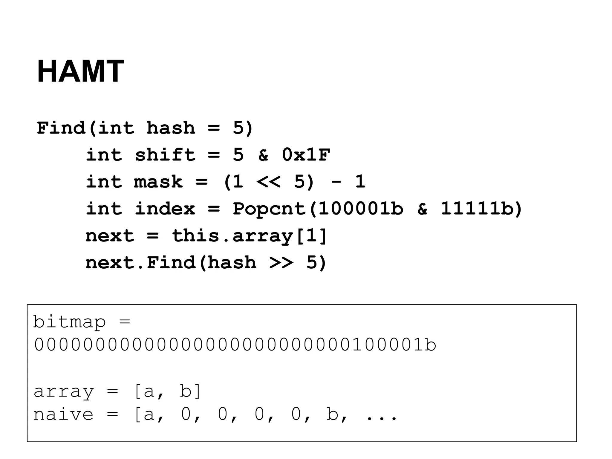 HAMT
Find(int hash = 5)
    int shift = 5 & 0x1F
    int mask = (1 << 5) - 1
    int index = Popcnt(100001b & 11111b)
    next = this.array[1]
    next.Find(hash >> 5)

bitmap =
00000000000000000000000000100001b

array = [a, b]
naive = [a, 0, 0, 0, 0, b, ...
 