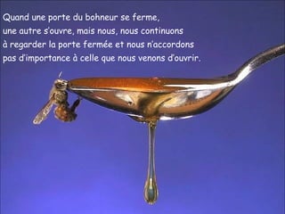 Quand une porte du bohneur se ferme,  une autre s’ouvre, mais nous, nous continuons  à regarder la porte fermée et nous n’accordons  pas d’importance à celle que nous venons d’ouvrir. 
