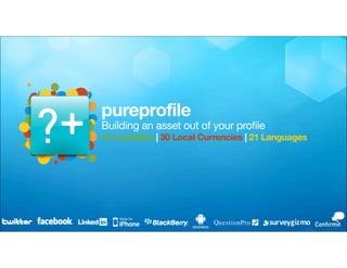 pureprofile
Building an asset out of your profile
41 Countries | 30 Local Currencies | 21 Languages
 