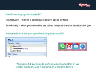 How do we engage with people?
Intellectually – making a conscious decision based on facts
Emotionally – when your emotions are called into play to make decisions for you
How much time do you spend reading your emails?
You have 3-4 seconds to get someone's attention in an
email, probably less if viewing on a mobile device
 