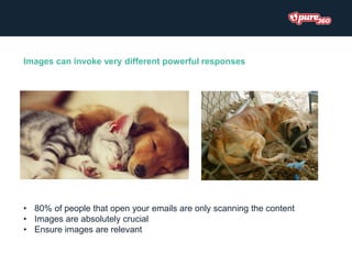 Images can invoke very different powerful responses
• 80% of people that open your emails are only scanning the content
• Images are absolutely crucial
• Ensure images are relevant
 