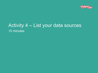 Activity 4 – List your data sources
10 minutes
 
