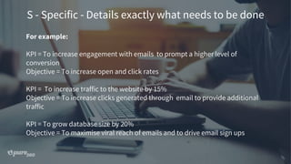 For example:
KPI = To increase engagement with emails to prompt a higher level of
conversion
Objective = To increase open and click rates
KPI = To increase traffic to the website by 15%
Objective = To increase clicks generated through email to provide additional
traffic
KPI = To grow database size by 20%
Objective = To maximise viral reach of emails and to drive email sign ups
S - Specific - Details exactly what needs to be done
 