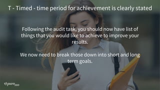 Following the audit task, you should now have list of
things that you would like to achieve to improve your
results.
We now need to break those down into short and long
term goals.
T - Timed - time period for achievement is clearly stated
 