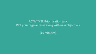 ACTIVITY 8: Prioritisation task
Plot your regular tasks along with new objectives
(15 minutes)
 