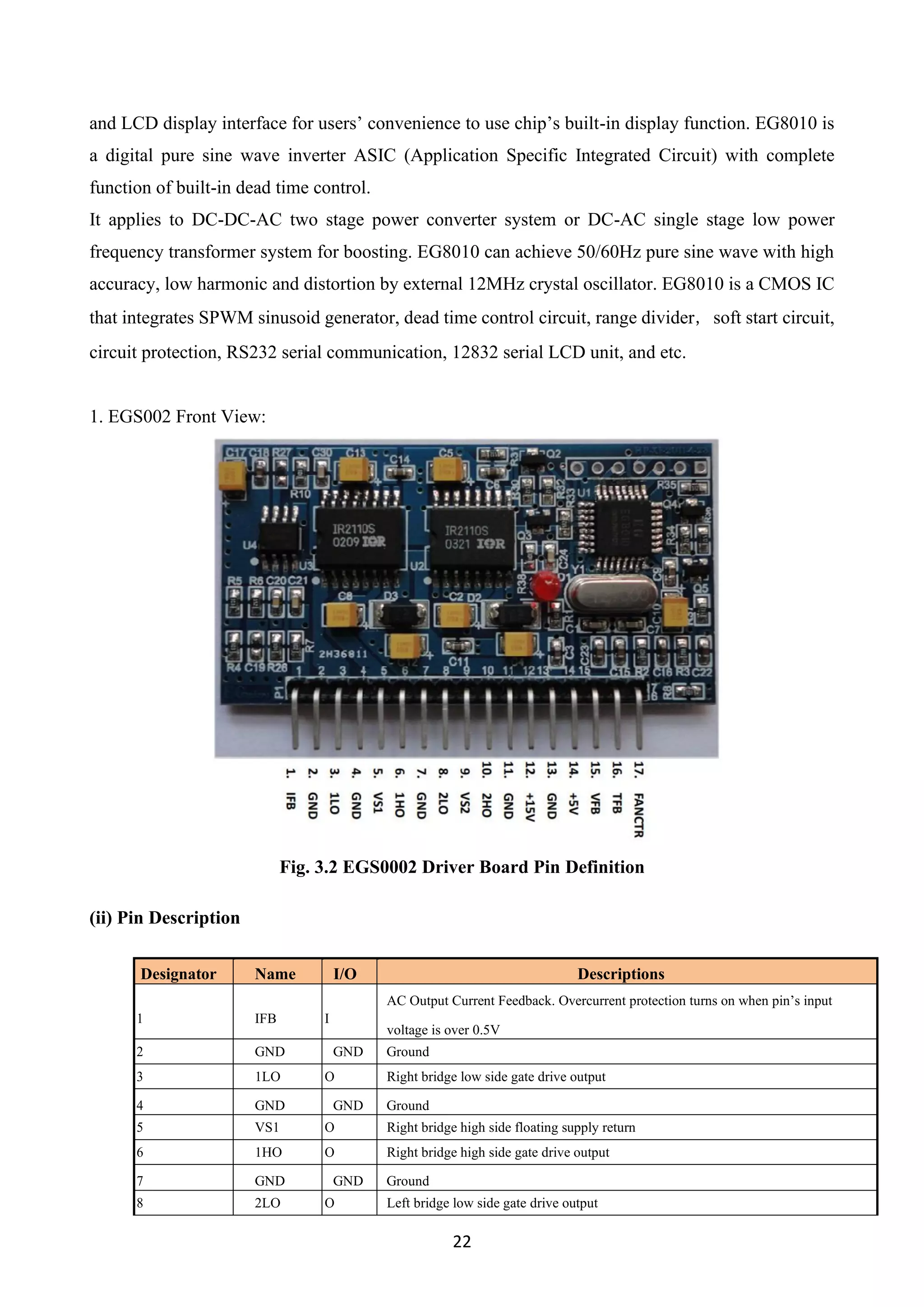 22
and LCD display interface for users’ convenience to use chip’s built-in display function. EG8010 is
a digital pure sine wave inverter ASIC (Application Specific Integrated Circuit) with complete
function of built-in dead time control.
It applies to DC-DC-AC two stage power converter system or DC-AC single stage low power
frequency transformer system for boosting. EG8010 can achieve 50/60Hz pure sine wave with high
accuracy, low harmonic and distortion by external 12MHz crystal oscillator. EG8010 is a CMOS IC
that integrates SPWM sinusoid generator, dead time control circuit, range divider，soft start circuit,
circuit protection, RS232 serial communication, 12832 serial LCD unit, and etc.
1. EGS002 Front View:
Fig. 3.2 EGS0002 Driver Board Pin Definition
(ii) Pin Description
Designator Name I/O Descriptions
1 IFB I
AC Output Current Feedback. Overcurrent protection turns on when pin’s input
voltage is over 0.5V
2 GND GND Ground
3 1LO O Right bridge low side gate drive output
4 GND GND Ground
5 VS1 O Right bridge high side floating supply return
6 1HO O Right bridge high side gate drive output
7 GND GND Ground
8 2LO O Left bridge low side gate drive output
 