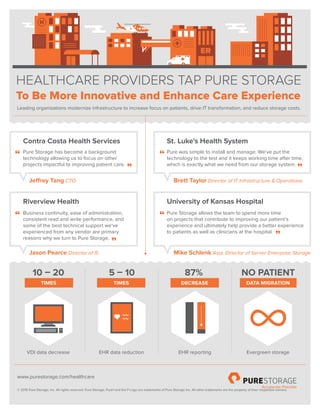 Leading organizations modernize infrastructure to increase focus on patients, drive IT transformation, and reduce storage costs.
To Be More Innovative and Enhance Care Experience
HEALTHCARE PROVIDERS TAP PURE STORAGE
Jeffrey Tang CTO
Jason Pearce Director of IS Mike Schlenk Asst. Director of Server Enterprise Storage
Brett Taylor Director of IT Infrastructure & Operations
Pure Storage has become a background
technology allowing us to focus on other
projects impactful to improving patient care.
VDI data decrease EHR data reduction EHR reporting Evergreen storage
Pure was simple to install and manage. We’ve put the
technology to the test and it keeps working time after time,
which is exactly what we need from our storage system.
Business continuity, ease of administration,
consistent read and write performance, and
some of the best technical support we’ve
experienced from any vendor are primary
reasons why we turn to Pure Storage.
Pure Storage allows the team to spend more time
on projects that contribute to improving our patient’s
experience and ultimately help provide a better experience
to patients as well as clinicians at the hospital.
Contra Costa Health Services St. Luke’s Health System
“
“
“
“
”
”
”
”
Riverview Health University of Kansas Hospital
www.purestorage.com/healthcare
© 2015 Pure Storage, Inc. All rights reserved. Pure Storage, Pure1 and the P Logo are trademarks of Pure Storage Inc. All other trademarks are the property of their respective owners.
NO PATIENT10 – 20
TIMES
5 – 10
TIMES
87%
DECREASE DATA MIGRATION
 