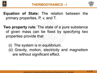 Department of Mechanical & Manufacturing Engineering, MIT, Manipal 4 of 79
THERMODYNAMICS - I
Equation of State: The relation between the
primary properties, P, v, and T.
Two property rule: The state of a pure substance
of given mass can be fixed by specifying two
properties provide that
(i) The system is in equilibrium.
(ii) Gravity, motion, electricity and magnetism
are without significant effect.
 