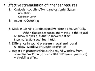 • Effective stimmulation of inner ear requires
1. Ossicular coupling/Tympano ossicular System
Area Ratio
Ossicular Lever
2. Acoustic Coupling
3. Middle ear Air permits round window to move freely.
When the stapes footplate moves in the round
window moves out due to movement of
incompressible cochlear fluid.
4. Difference in sound pressure in oval and round
window- window pressure difference
5. Intact TM protects/shields the round window from
sound in Ear Canal(reduces 10-20dB sound pressure)
– shielding effect
 
