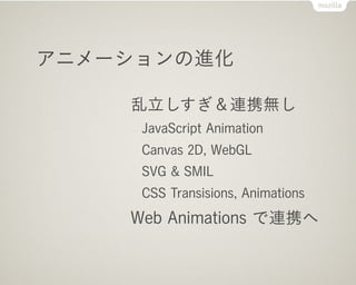 ˥`ν

    BЯo
     JavaScript Animation
     Canvas 2D, WebGL
     SVG & SMIL
     CSS Transisions, Animations
    Web Animations BЯ
 