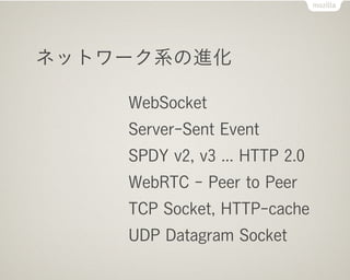 ͥåȥ`ϵν

    WebSocket
    Server-Sent Event
    SPDY v2, v3 ... HTTP 2.0
    WebRTC - Peer to Peer
    TCP Socket, HTTP-cache
    UDP Datagram Socket
 