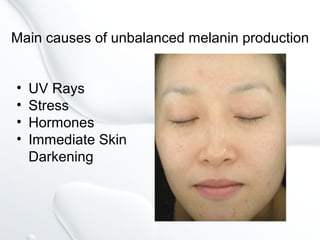 Main causes of unbalanced melanin production
• UV Rays
• Stress
• Hormones
• Immediate Skin
Darkening
 