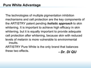 The technologies of multiple pigmentation inhibition
mechanisms and cell protection are the key components of
the ARTISTRY patent pending holistic approach to skin
whitening. It is important to achieve high efficacy in skin
whitening, but it is equally important to provide adequate
cell protection after whitening, because skin with reduced
levels of melanin is more vulnerable to environmental
insults.
ARTISTRY Pure White is the only brand that balances
these two effects.
Pure White Advantage
- Dr. Di QU
 