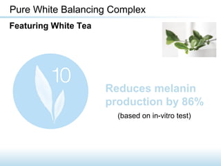 Prevent, Protect, Treat the Holistic Approach
Reduces melanin
production by 86%
(based on in-vitro test)
Pure White Balancing Complex
Featuring White Tea
 