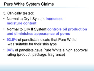 Pure White System Claims
3. Clinically tested:
• Normal to Dry I System increases
moisture content
• Normal to Oily II System controls oil production
and diminishes appearance of pores
• 93.5% of panelists indicate that Pure White
was suitable for their skin type
• 94% of panelists gave Pure White a high approval
rating (product, package, fragrance)
 
