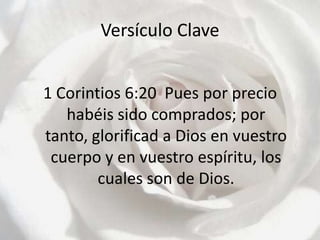 Versículo Clave1 Corintios 6:20  Pues por precio habéis sido comprados; por tanto, glorificad a Dios en vuestro cuerpo y en vuestro espíritu, los cuales son de Dios.