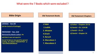 What were the 7 Books which were excluded ?
Bible Origin
CATHOLIC - Year 397
(At the Council of Carthage)
PROTESTANT – Year 1519
(Removed by Martin Luther). He
said that it was not equal to
Sacred Scriptures but good for general
reading. He called it “APOCRYPHA” or
“DEUTEROCANONICAL”
Old Testament Books
1.Tobit
2.Judith
3. Wisdom
4.Sirach
5. Baruch
6. Maccabees 1
7. Maccabees 2
Old Testament Chapters
a) Esther – Chapters 10-16
b) Daniel – Ch. 3:24-90
c) Daniel – Ch.13
d) Daniel – Chapter 14
49
 