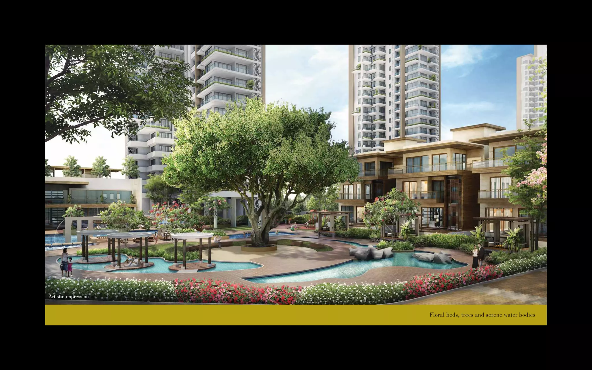 Floral beds, trees and serene water bodies
Artistic impression
 