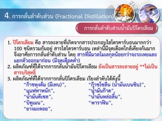 4. การกลั่นลาดับส่วน (Fractional Distillation)
การกลั่นลาดับส่วนน้ามันปิโตรเลียม
1. ปิโตรเลียม คือ สารละลายที่เกิดจากสารประกอบไฮโดรคาร์บอนมากกว่า
100 ชนิดรวมกันอยู่ สารไฮโดรคาร์บอน เหล่านี้มีจุดเดือดใกล้เคียงกันมาก
จึงอาศัยการกลั่นลาดับส่วน โดย สารที่มีมวลโมเลกุลน้อยกว่าจะระเหยและ
แยกตัวออกมาก่อน (มีจุดเดือดต่า)
2. ผลิตภัณฑ์ที่ได้จากการกลั่นน้ามันปิโตรเลียม ยังเป็นสารละลายอยู่ **ไม่เป็น
สารบริสุทธิ์
3. ผลิตภัณฑ์ที่ได้จากการกลั่นปิโตรเลียม เรียงลาดับได้ดังนี้
“ก๊าชหุงต้ม (มีเทน)”, “ก๊าซโซลีน (น้ามันเบนซิน)”,
“แนฟทาหนัก”, “น้ามันก๊าด”,
“น้ามันดีเซล”, “น้ามันหล่อลื่น”,
“บิทูเมน”, “พาราฟิน”,
“ยางมะตอย”,
 