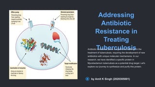 Addressing
Antibiotic
Resistance in
Treating
Tuberculosis
Antibiotic resistance poses a significant challenge in the
treatment of tuberculosis, requiring the development of new
antibiotics with unique molecular mechanisms. In our
research, we have identified a specific protein in
Mycobacterium tuberculosis as a potential drug target. Let's
explore our journey to synthesize and purify this protein.
by Amit K Singh (2020305001)
 