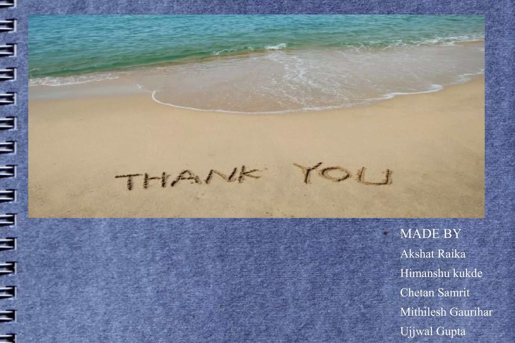 ●

MADE BY
Akshat Raika
Himanshu kukde
Chetan Samrit
Mithilesh Gaurihar
Ujjwal Gupta

 