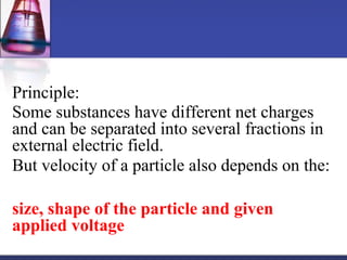 Principle:
Some substances have different net charges
and can be separated into several fractions in
external electric field.
But velocity of a particle also depends on the:
size, shape of the particle and given
applied voltage
 