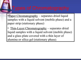 •Paper Chromatography – separates dried liquid
samples with a liquid solvent (mobile phase) and a
paper strip (stationary phase)
• Thin-Layer Chromatography – separates dried
liquid samples with a liquid solvent (mobile phase)
and a glass plate covered with a thin layer of
alumina or silica gel (stationary phase)
Types of Chromatography
 