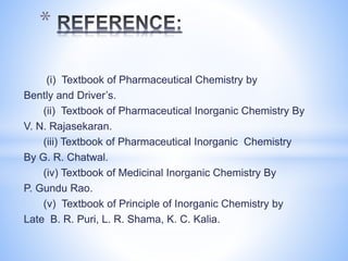 (i) Textbook of Pharmaceutical Chemistry by
Bently and Driver’s.
(ii) Textbook of Pharmaceutical Inorganic Chemistry By
V. N. Rajasekaran.
(iii) Textbook of Pharmaceutical Inorganic Chemistry
By G. R. Chatwal.
(iv) Textbook of Medicinal Inorganic Chemistry By
P. Gundu Rao.
(v) Textbook of Principle of Inorganic Chemistry by
Late B. R. Puri, L. R. Shama, K. C. Kalia.
*
 