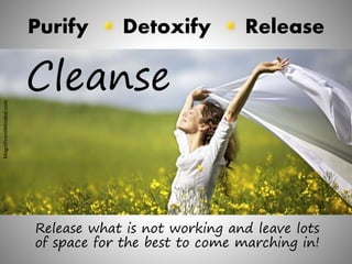 Purify Detoxify Release 
Cleanse 
Release what is not working and leave lots 
of space for the best to come marching in! 
MagnificentMinded.com 
 