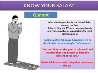 After standing up. Recite the second Rakat
same as the first.
After reciting the 2nd sura, raise your hands
and recite any Dua or supplication.The most
common one is;
Rabbana atina fid dunya hasanatan wa fil
Aakhirati hasanatan waqina ‘adhaban-nar
Our Lord! Grant us the good of this world and
the Hereafter, and protect us from the
torment of the Fire.”
Recite Allahuakbar with the palms raised near
the ear
Qunoot
 