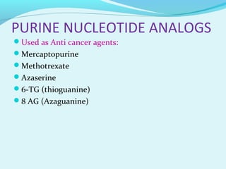 PURINE NUCLEOTIDE ANALOGS
Used as Anti cancer agents:
Mercaptopurine
Methotrexate
Azaserine
6-TG (thioguanine)
8 AG (Azaguanine)
 