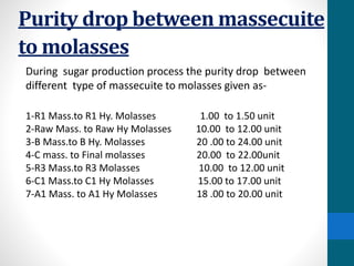 Purity drop between massecuite
to molasses
0.25 to 1.50 unit
During sugar production process the purity drop between
different type of massecuite to molasses given as-
1-R1 Mass.to R1 Hy. Molasses 1.00 to 1.50 unit
2-Raw Mass. to Raw Hy Molasses 10.00 to 12.00 unit
3-B Mass.to B Hy. Molasses 20 .00 to 24.00 unit
4-C mass. to Final molasses 20.00 to 22.00unit
5-R3 Mass.to R3 Molasses 10.00 to 12.00 unit
6-C1 Mass.to C1 Hy Molasses 15.00 to 17.00 unit
7-A1 Mass. to A1 Hy Molasses 18 .00 to 20.00 unit
 