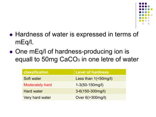  Hardness of water is expressed in terms of
mEq/l.
 One mEq/l of hardness-producing ion is
equall to 50mg CaCO3 in one letre of water
classification Level of hardness
Soft water Less than 1(<50mg/l)
Moderately hard 1-3(50-150mg/l)
Hard water 3-6(150-300mg/l)
Very hard water Over 6(>300mg/l)
 