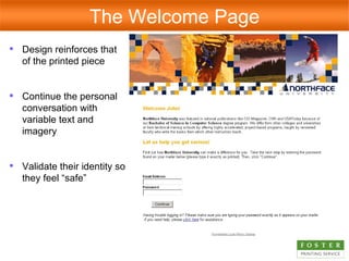 Design reinforces that of the printed piece Continue the personal conversation with variable text and imagery Validate their identity so they feel “safe” The Welcome Page 