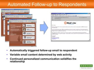 Automatically triggered follow-up email to respondent Variable email content determined by web activity Continued personalized communication solidifies the relationship Automated Follow-up to Respondents 