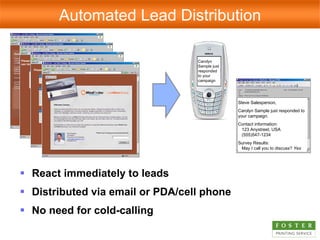 React immediately to leads Distributed via email or PDA/cell phone No need for cold-calling Automated Lead Distribution Carolyn Sample just responded to your campaign Steve Salesperson, Carolyn Sample just responded to your campaign.  Contact information: 123 Anystreet, USA (555)547-1234 Survey Results:  May I call you to discuss?  Yes 