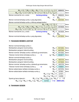 Perhitungan Struktur Baja Dengan Microsoft Excel
Mnx = Cb * [ Mrx + ( Mpx - Mrx ) * ( Lr - L ) / ( Lr - Lp ) ] = 6968430 Nmm
Mnx = Cb * p / L*√ [ E * Iy * G * J + ( p * E / L )2
* Iy * Iw ] = - Nmm
Momen nominal thd. sb. x untuk : bentang sedang Mnx = 6968430 Nmm
Mnx > Mpx
Momen nominal terhadap sumbu x yang digunakan, Mnx = 6407246 Nmm
Momen nominal terhadap sumbu y dihitung sebagai berikut :
Mny = Mpy = fy * Zy = - Nmm
Mny = Cb * [ Mry + ( Mpy - Mry ) * ( Lr - L ) / ( Lr - Lp ) ] = 3415536 Nmm
Mny = Cb * p / L*√ [ E * Iy * G * J + ( p * E / L )
2
* Iy * Iw ] = - Nmm
Momen nominal thd. sb. y untuk : bentang sedang Mny = 3415536 Nmm
Mny < Mpy
Momen nominal terhadap sumbu x yang digunakan, Mny = 3415536 Nmm
7. TAHANAN MOMEN LENTUR
Momen nominal terhadap sumbu x :
Berdasarkan pengaruh local buckling , Mnx = 5615352 Nmm
Berdasarkan pengaruh lateral buckling , Mnx = 6407246 Nmm
Momen nominal terhadap sumbu x (terkecil) yg menentukan, Mnx = 5615352 Nmm
Tahanan momen lentur terhadap sumbu x,  fb * Mnx = 5053817 Nmm
Momen nominal terhadap sumbu y :
Berdasarkan pengaruh local buckling , Mny = 1607379 Nmm
Berdasarkan pengaruh lateral buckling , Mny = 3415536 Nmm
Momen nominal terhadap sumbu y (terkecil) yg menentukan, Mny = 1607379 Nmm
Tahanan momen lentur terhadap sumbu y,  fb * Mny = 1446641 Nmm
Momen akibat beban terfaktor terhadap sumbu x, Mux = 3573753 Nmm
Momen akibat beban terfaktor terhadap sumbu y, Muy = 297861 Nmm
Mux / ( fb * Mnx ) = 0,7071
Muy / ( fb * Mny ) = 0,2059
Syarat yg harus dipenuhi : Mux / ( fb * Mnx ) + Muy / ( fb * Mny ) ≤ 1.0
Mux / ( fb * Mnx ) + Muy / ( fb * Mny ) = 0,9130 < 1.0 AMAN (OK)
8. TAHANAN GESER
[C]2011 : MNI Gording dan Sagrod 6
 