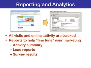 • All visits and online activity are tracked
• Reports to help “fine tune” your marketing
– Activity summary
– Lead report...