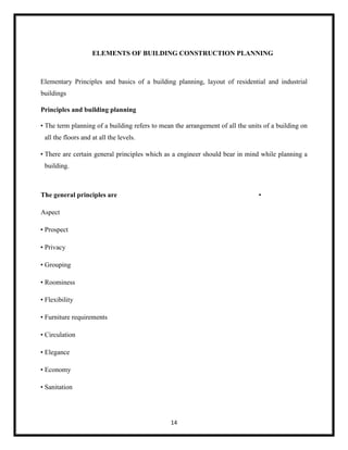 14
ELEMENTS OF BUILDING CONSTRUCTION PLANNING
Elementary Principles and basics of a building planning, layout of residential and industrial
buildings
Principles and building planning
• The term planning of a building refers to mean the arrangement of all the units of a building on
all the floors and at all the levels.
• There are certain general principles which as a engineer should bear in mind while planning a
building.
The general principles are •
Aspect
• Prospect
• Privacy
• Grouping
• Roominess
• Flexibility
• Furniture requirements
• Circulation
• Elegance
• Economy
• Sanitation
 